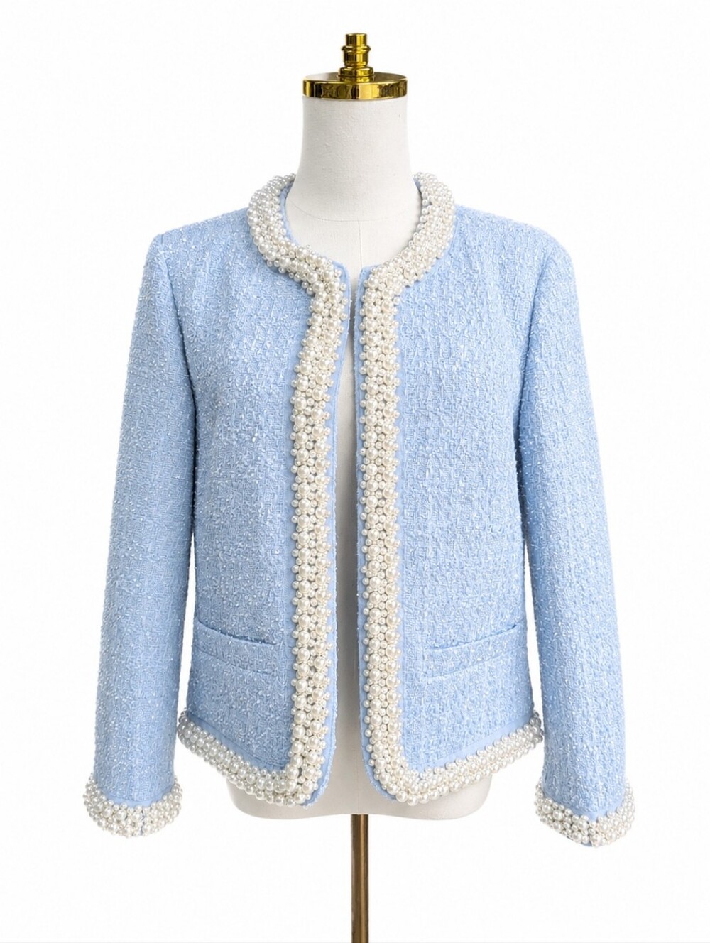 Kate Spade Blue Tweed Pearl Embellished Blazer Jacket Size 6 EUC